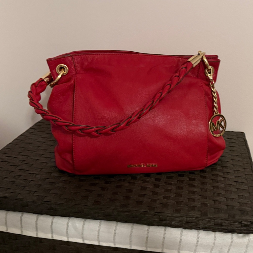Michael Kors Red Leather Shoulder Bag with Braided Handle